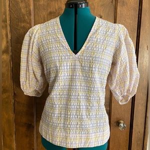 Ganni seersucker check puffed sleeve v-neck blouse size S/M | EU 36 | US 4/6